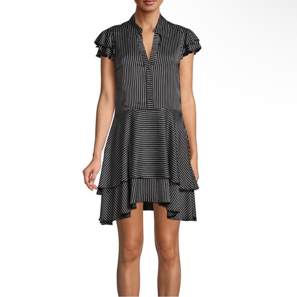 NWT Alice + Olivia Moore Pinstripe Ruffle Shirt Dress Black White Sz 4 $395‎
